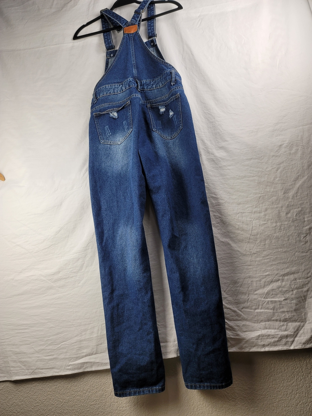 Dark Blue Distressed Women's Denim Overalls with Adjustable Straps - Picture 7 of 9